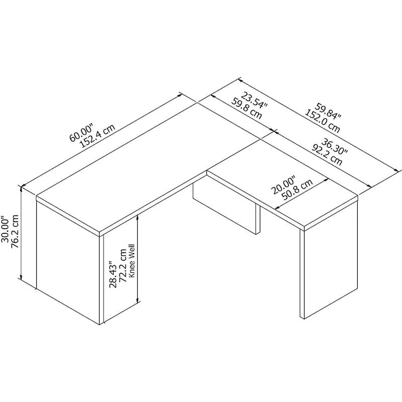 Bureau d'angle – Crédence de 60 po de large avec retour de 36 po de large