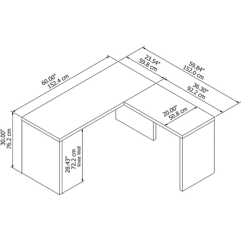 Bureau d'angle – Crédence de 60 po de large avec retour de 36 po de large