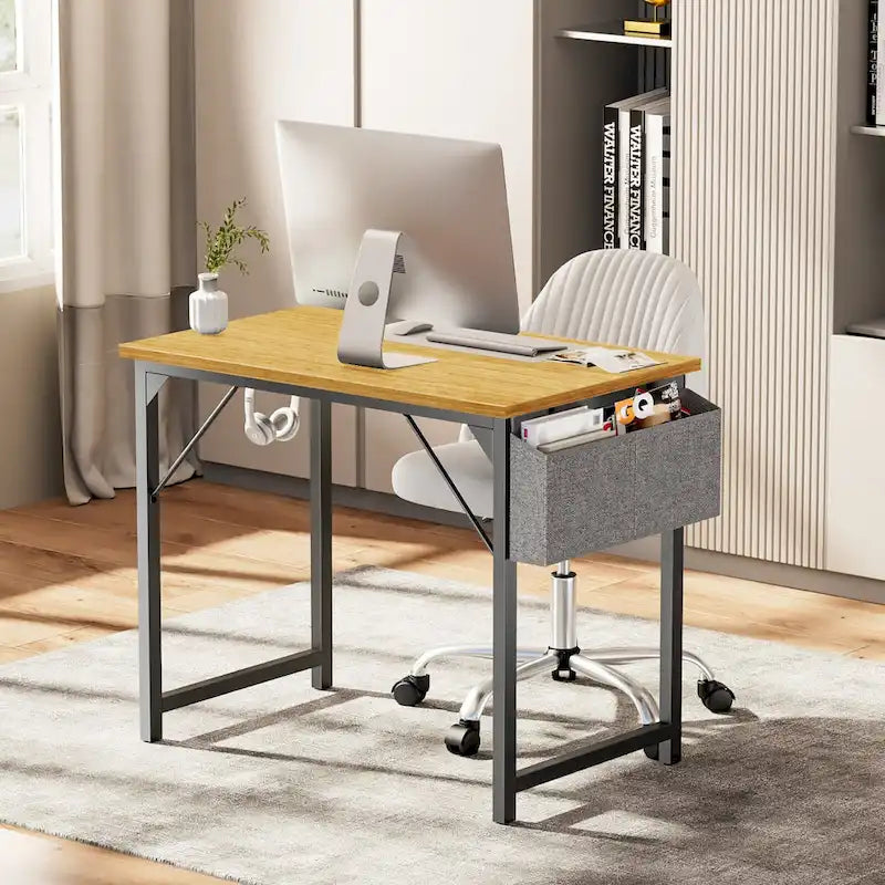 Bureau d'ordinateur moderne avec sac de rangement et support pour casque pour chambres à coucher et coins d'étude ou petits bureaux à domicile