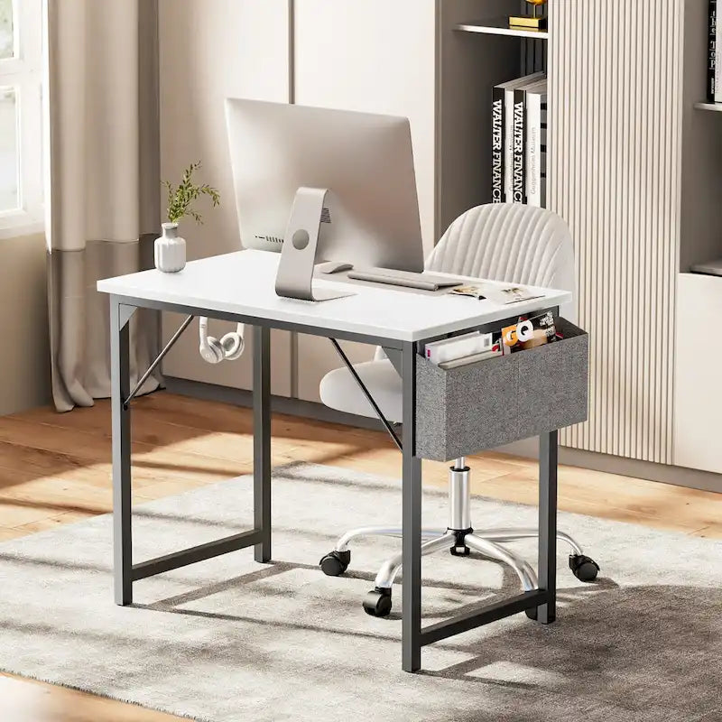 Bureau d'ordinateur moderne avec sac de rangement et support pour casque pour chambres à coucher et coins d'étude ou petits bureaux à domicile
