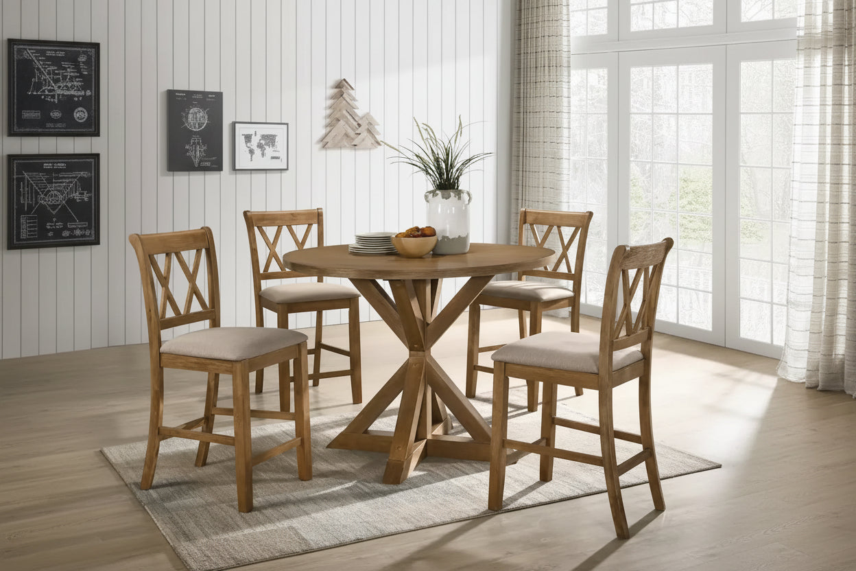 Wooden Round Dining Table and Chair Sets Rustic Farmhouse Dining Table and Chair Sets with Crossbuck Pedestal Table Base