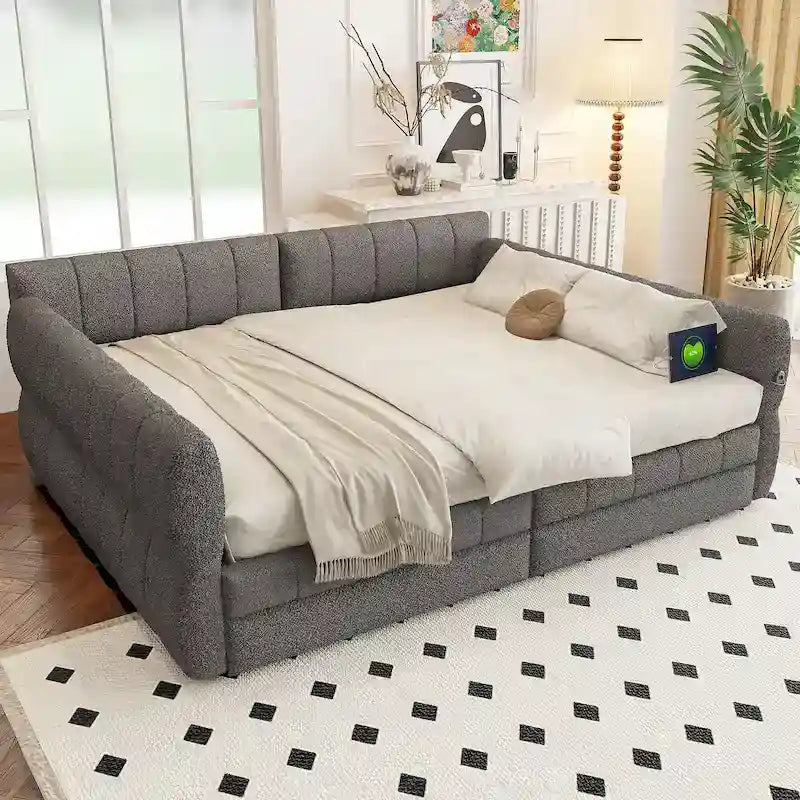 Lit Queen Size Rembourré avec Chargeur USB - Cadre de Lit Plateforme avec 2 Tiroirs de Rangement - Tête de Lit en Tissu Luxueux Incluse