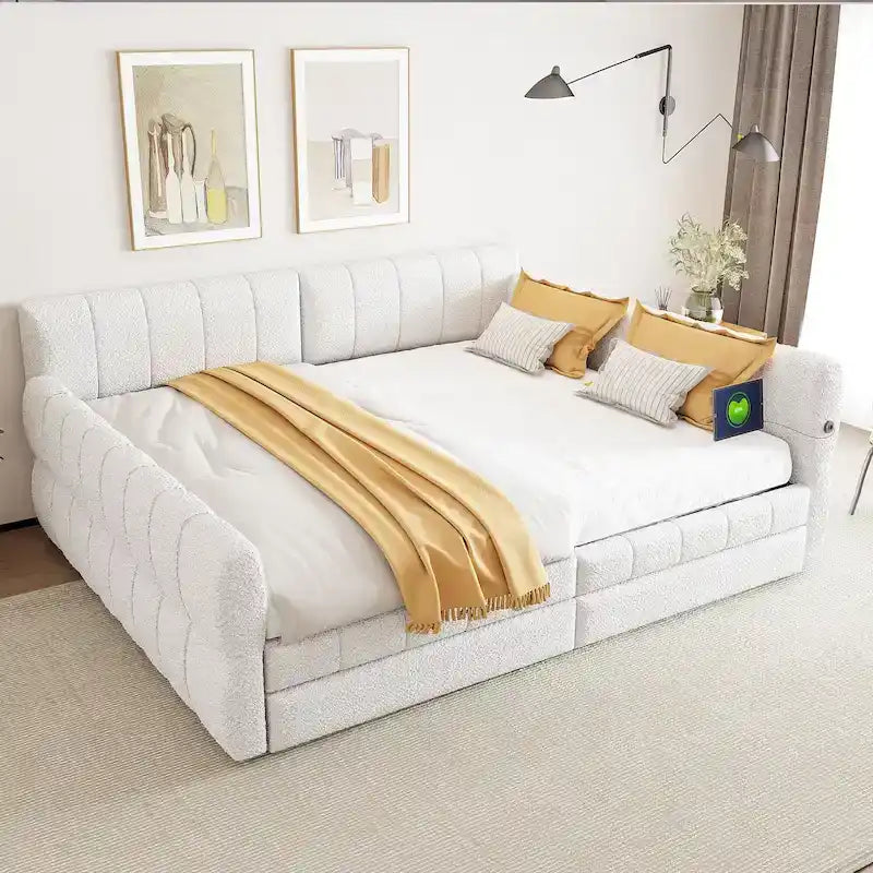 Lit Queen Size Rembourré avec Chargeur USB - Cadre de Lit Plateforme avec 2 Tiroirs de Rangement - Tête de Lit en Tissu Luxueux Incluse
