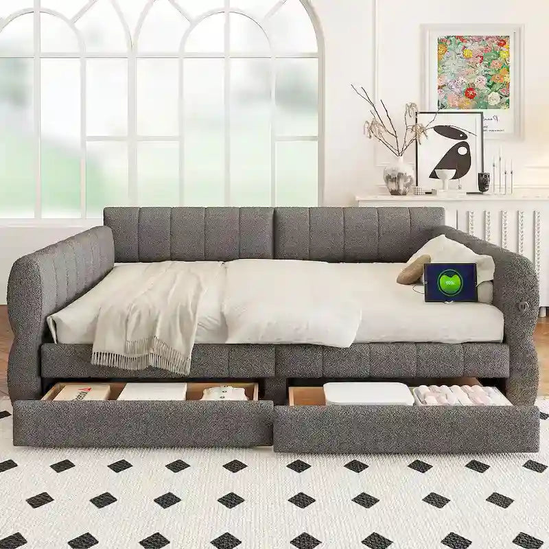 Lit Queen Size Rembourré avec Chargeur USB - Cadre de Lit Plateforme avec 2 Tiroirs de Rangement - Tête de Lit en Tissu Luxueux Incluse