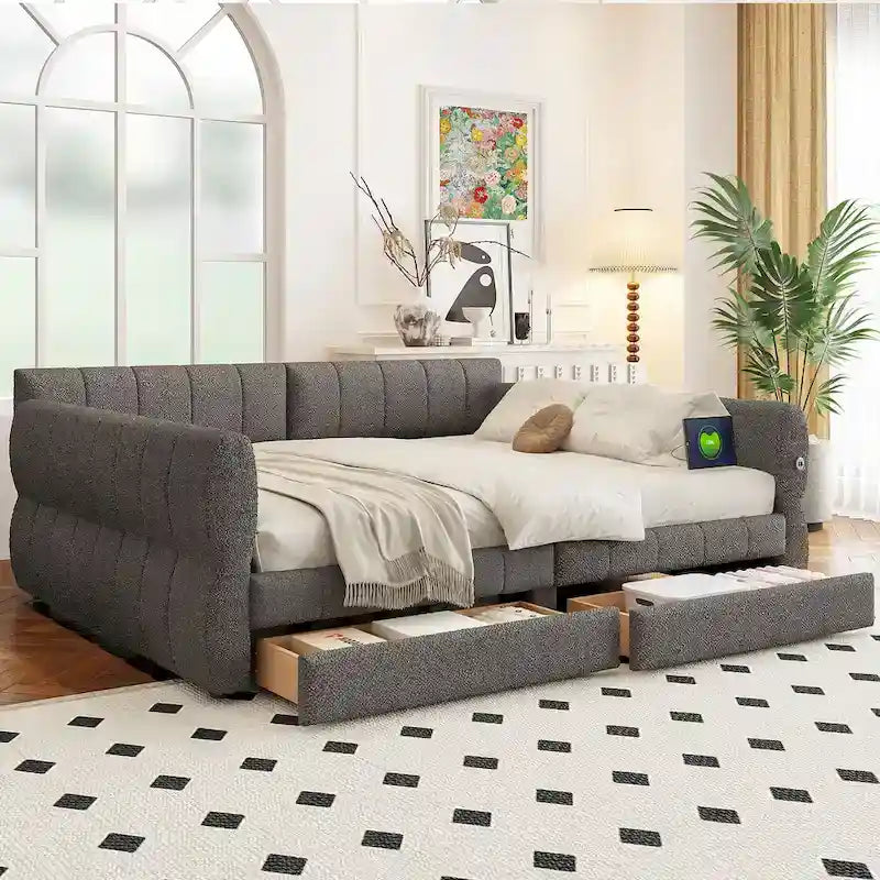Lit Queen Size Rembourré avec Chargeur USB - Cadre de Lit Plateforme avec 2 Tiroirs de Rangement - Tête de Lit en Tissu Luxueux Incluse