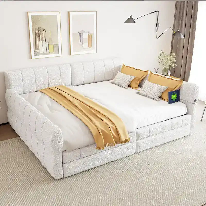 Lit Queen Size Rembourré avec Chargeur USB - Cadre de Lit Plateforme avec 2 Tiroirs de Rangement - Tête de Lit en Tissu Luxueux Incluse