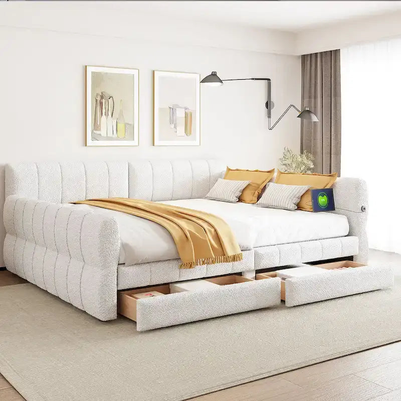 Lit Queen Size Rembourré avec Chargeur USB - Cadre de Lit Plateforme avec 2 Tiroirs de Rangement - Tête de Lit en Tissu Luxueux Incluse