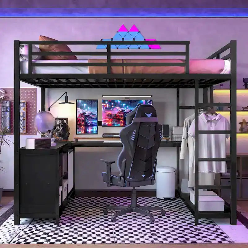 Lit mezzanine en métal avec armoire et bureau en L – Lit gain de place Queen/Full avec cubes de rangement et étagères pour adolescents/adultes