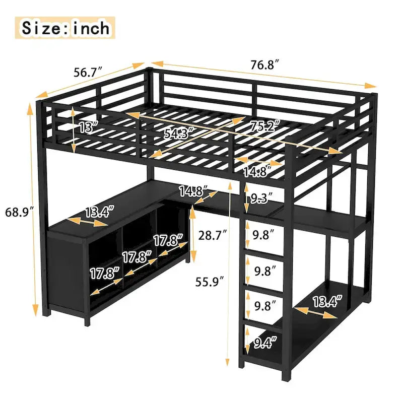Lit mezzanine en métal avec armoire et bureau en L – Lit gain de place Queen/Full avec cubes de rangement et étagères pour adolescents/adultes