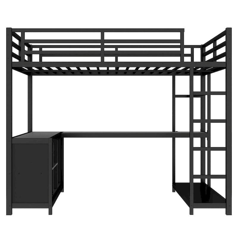 Lit mezzanine en métal avec armoire et bureau en L – Lit gain de place Queen/Full avec cubes de rangement et étagères pour adolescents/adultes