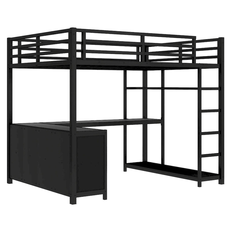Lit mezzanine en métal avec armoire et bureau en L – Lit gain de place Queen/Full avec cubes de rangement et étagères pour adolescents/adultes