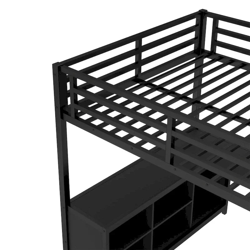 Lit mezzanine en métal avec armoire et bureau en L – Lit gain de place Queen/Full avec cubes de rangement et étagères pour adolescents/adultes