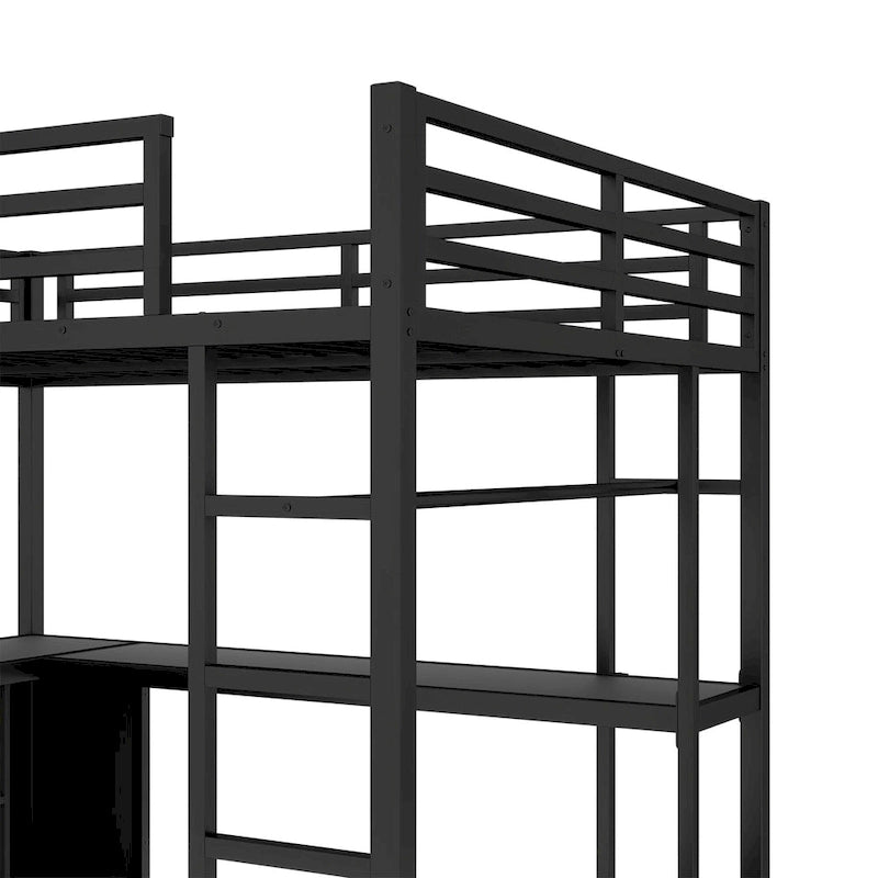 Lit mezzanine en métal avec armoire et bureau en L – Lit gain de place Queen/Full avec cubes de rangement et étagères pour adolescents/adultes