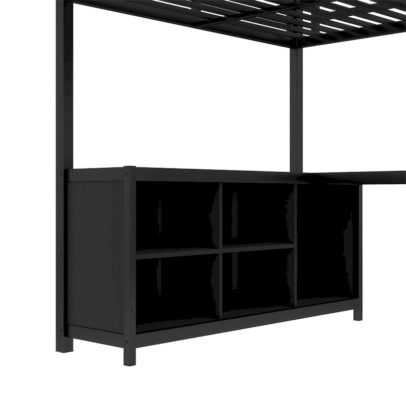 Lit mezzanine en métal avec armoire et bureau en L – Lit gain de place Queen/Full avec cubes de rangement et étagères pour adolescents/adultes