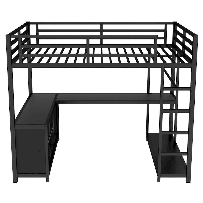 Lit mezzanine en métal avec armoire et bureau en L – Lit gain de place Queen/Full avec cubes de rangement et étagères pour adolescents/adultes