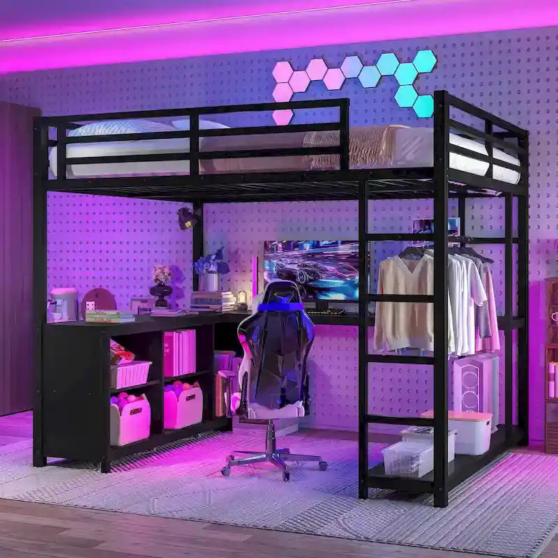 Lit mezzanine en métal avec armoire et bureau en L – Lit gain de place Queen/Full avec cubes de rangement et étagères pour adolescents/adultes