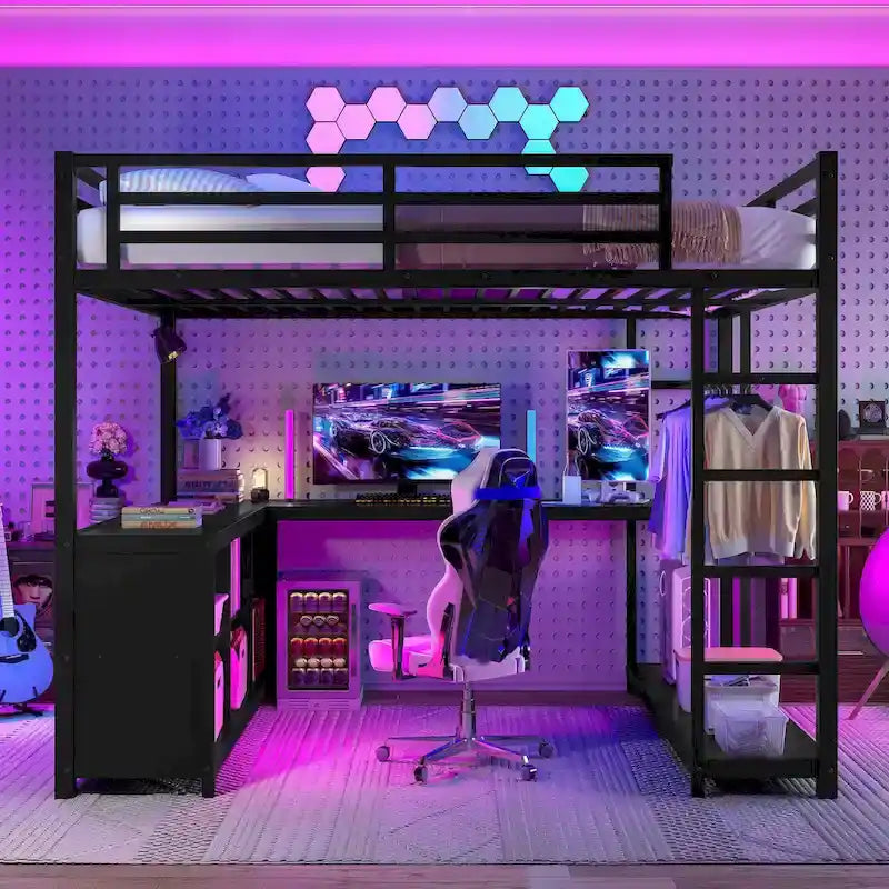 Lit mezzanine en métal avec armoire et bureau en L – Lit gain de place Queen/Full avec cubes de rangement et étagères pour adolescents/adultes