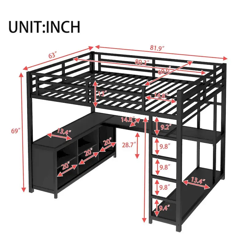 Lit mezzanine en métal avec armoire et bureau en L – Lit gain de place Queen/Full avec cubes de rangement et étagères pour adolescents/adultes