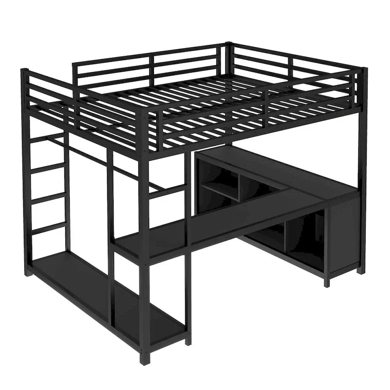 Lit mezzanine en métal avec armoire et bureau en L – Lit gain de place Queen/Full avec cubes de rangement et étagères pour adolescents/adultes
