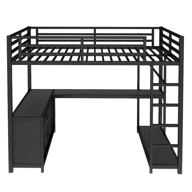 Lit mezzanine en métal avec armoire et bureau en L – Lit gain de place Queen/Full avec cubes de rangement et étagères pour adolescents/adultes