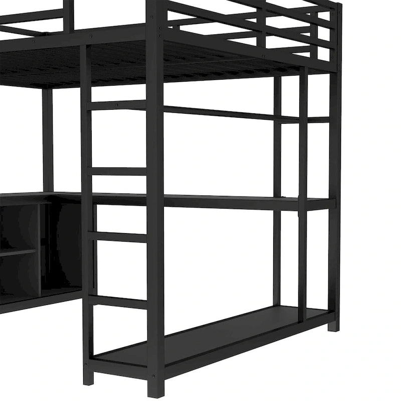 Lit mezzanine en métal avec armoire et bureau en L – Lit gain de place Queen/Full avec cubes de rangement et étagères pour adolescents/adultes