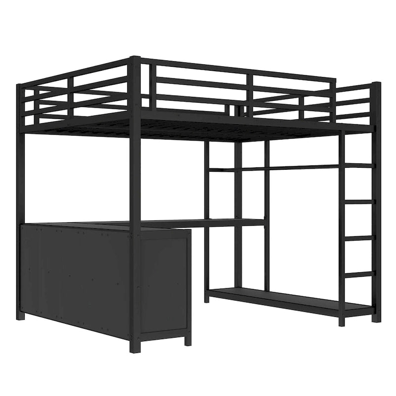 Lit mezzanine en métal avec armoire et bureau en L – Lit gain de place Queen/Full avec cubes de rangement et étagères pour adolescents/adultes
