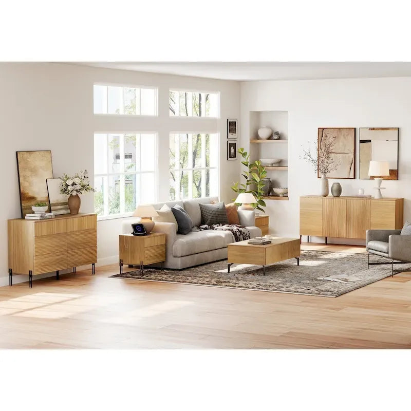 Ensemble de 4 meubles de chambre à coucher - Commode à 6 tiroirs cannelés, buffet et 2 tables de chevet avec station de recharge, chêne