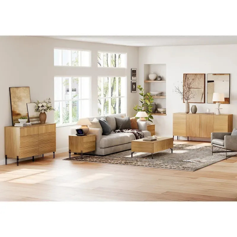 WAMPAT 4-Piece Bedroom Furniture Set, 47 Fluted 6 Drawer Dresser, 61 Buffet Sideboard, 2 Nightstand with Charging Station, Oak