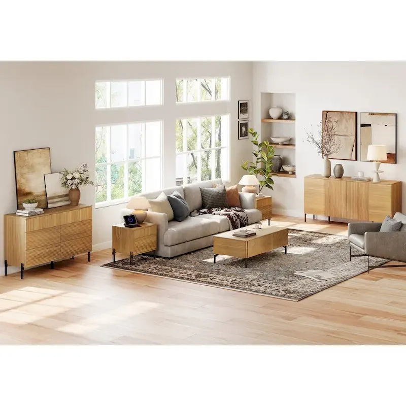 Ensemble de 4 meubles de chambre à coucher - Commode à 6 tiroirs cannelés, buffet et 2 tables de chevet avec station de recharge, chêne