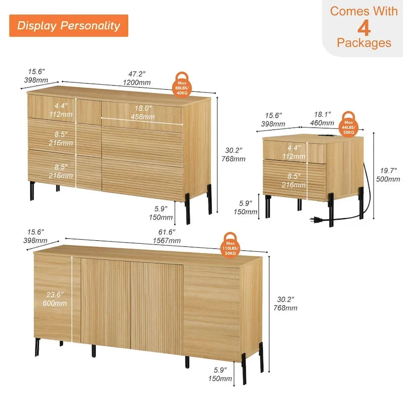 Ensemble de 4 meubles de chambre à coucher - Commode à 6 tiroirs cannelés, buffet et 2 tables de chevet avec station de recharge, chêne