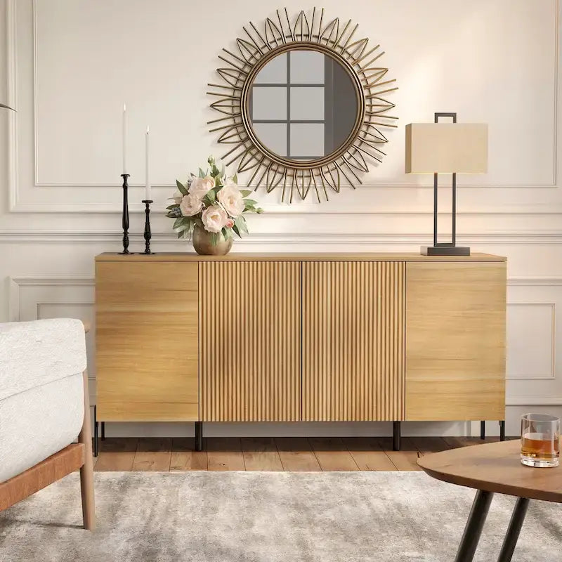 Ensemble de 4 meubles de chambre à coucher - Commode à 6 tiroirs cannelés, buffet et 2 tables de chevet avec station de recharge, chêne