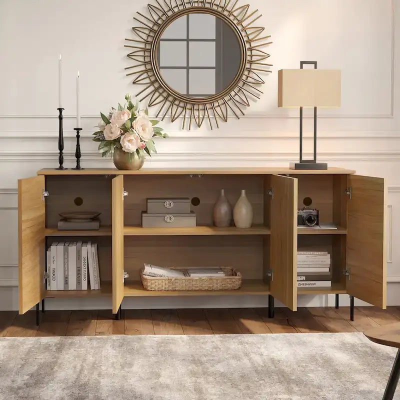 Ensemble de 4 meubles de chambre à coucher - Commode à 6 tiroirs cannelés, buffet et 2 tables de chevet avec station de recharge, chêne