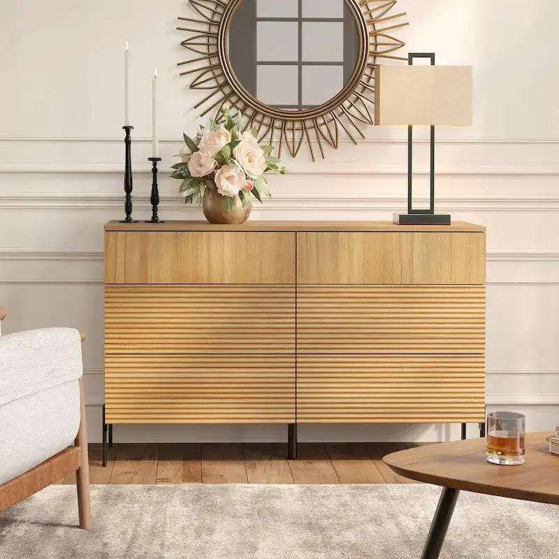 Ensemble de 4 meubles de chambre à coucher - Commode à 6 tiroirs cannelés, buffet et 2 tables de chevet avec station de recharge, chêne
