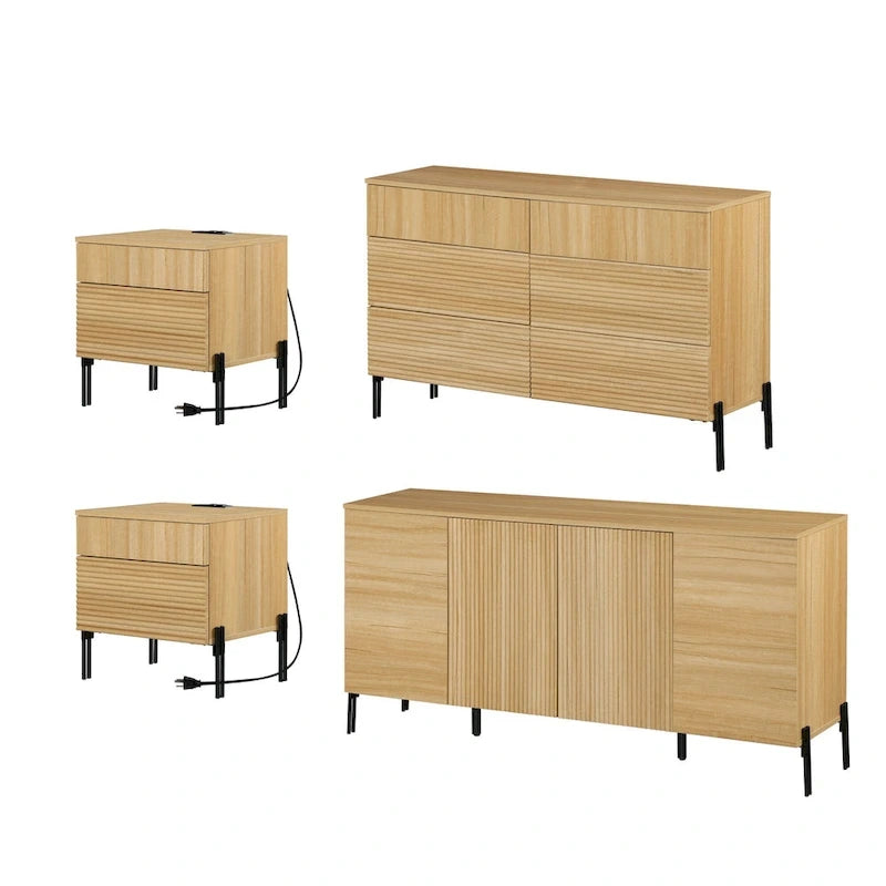 Ensemble de 4 meubles de chambre à coucher - Commode à 6 tiroirs cannelés, buffet et 2 tables de chevet avec station de recharge, chêne