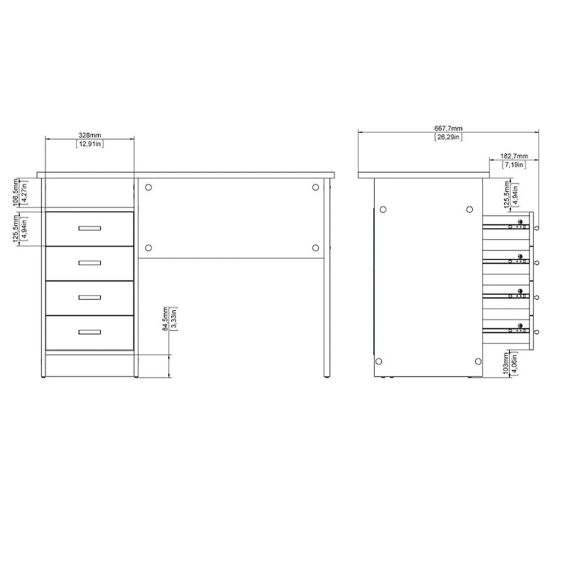 Bureau 4 tiroirs avec étagère fixe et panneau de modestie