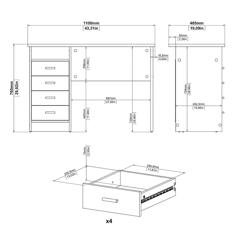 Bureau 4 tiroirs avec étagère fixe et panneau de modestie