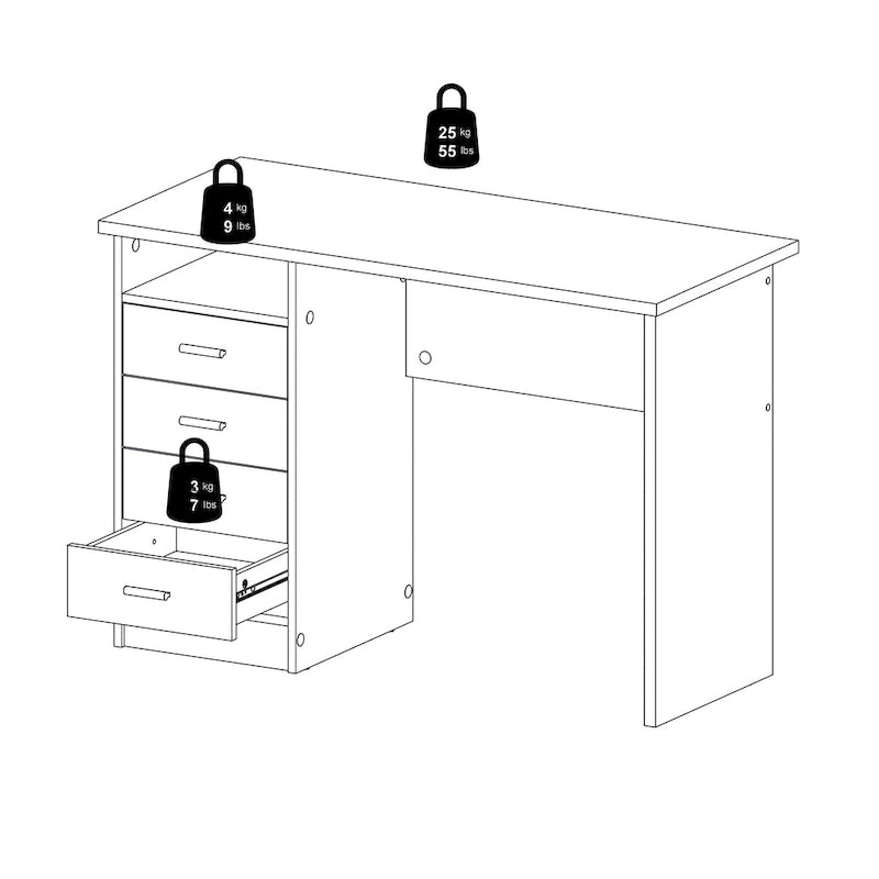 Bureau 4 tiroirs avec étagère fixe et panneau de modestie