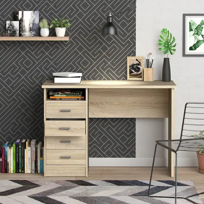 Bureau 4 tiroirs avec étagère fixe et panneau de modestie