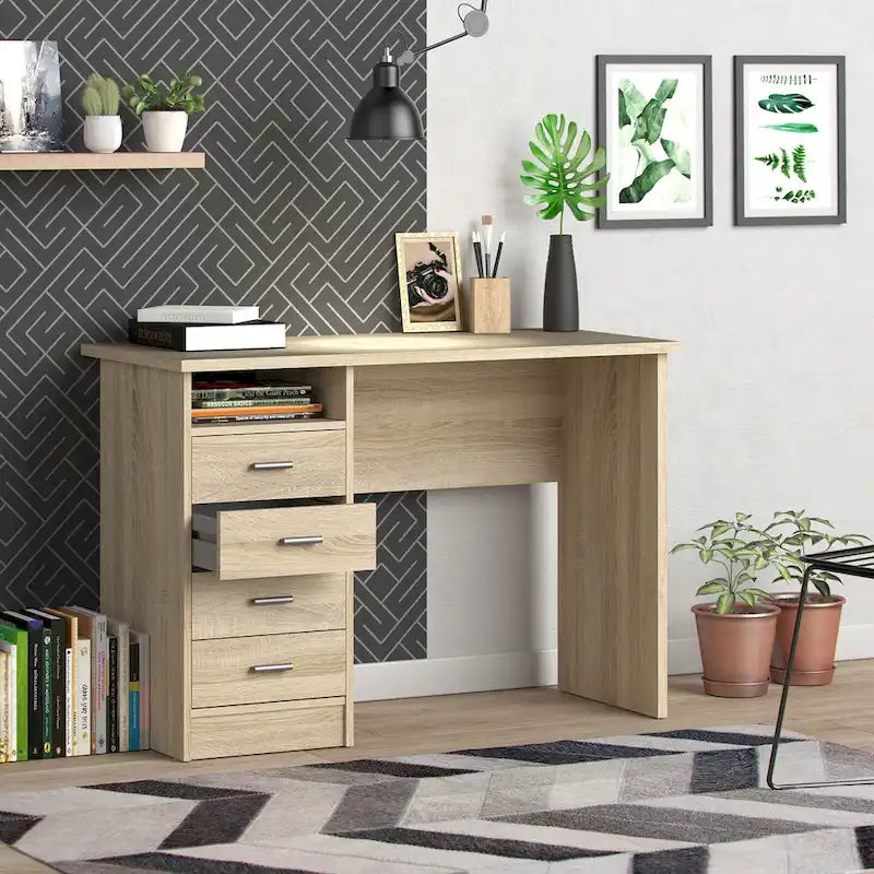Bureau 4 tiroirs avec étagère fixe et panneau de modestie