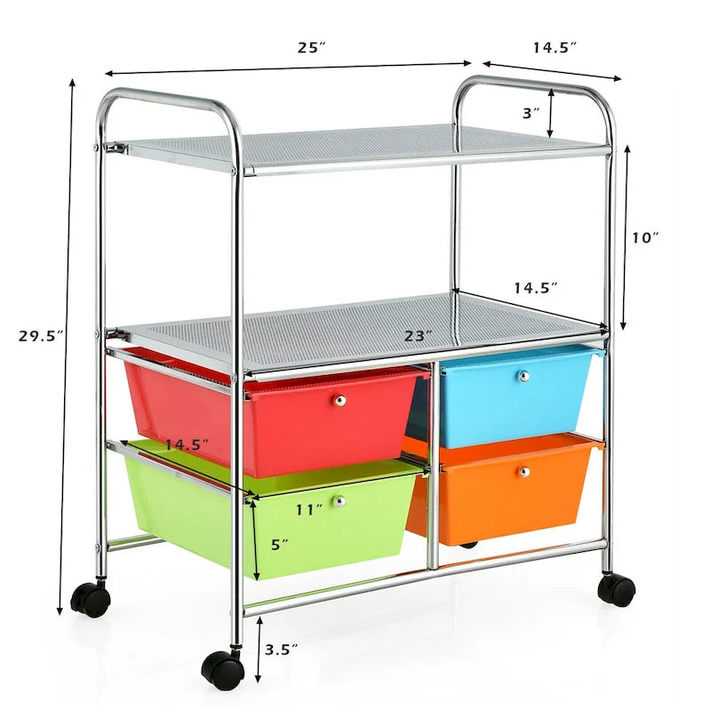 Chariot de rangement roulant à 4 tiroirs avec étagère métallique pour la maison et le bureau