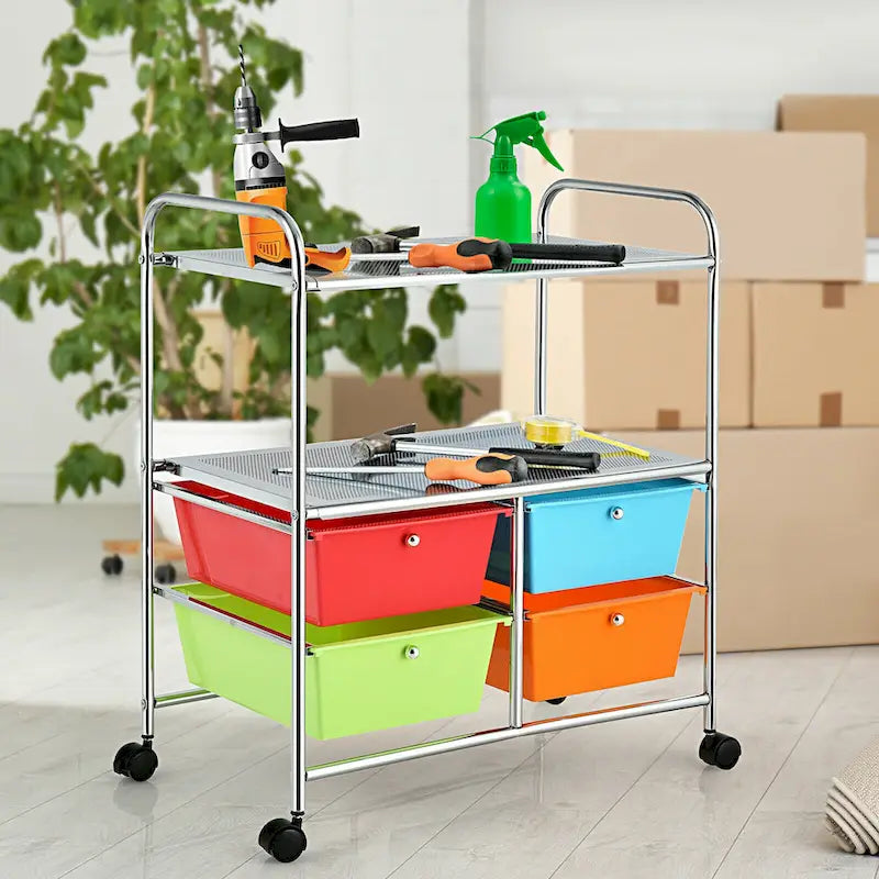 Chariot de rangement roulant à 4 tiroirs avec étagère métallique pour la maison et le bureau