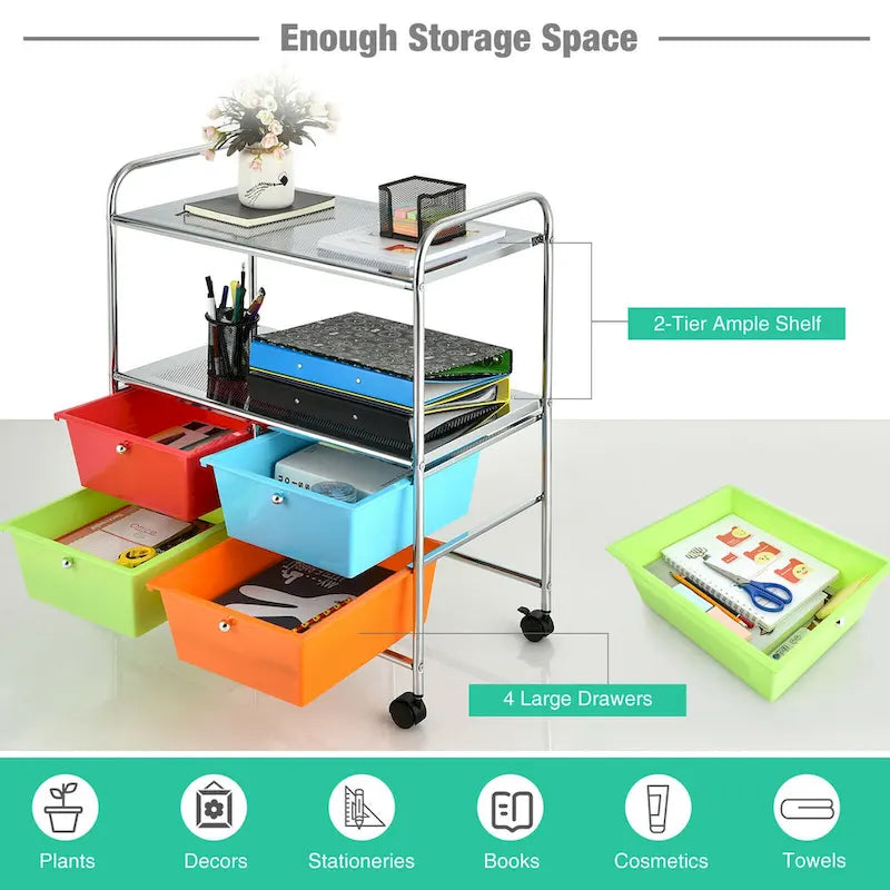 Chariot de rangement roulant à 4 tiroirs avec étagère métallique pour la maison et le bureau