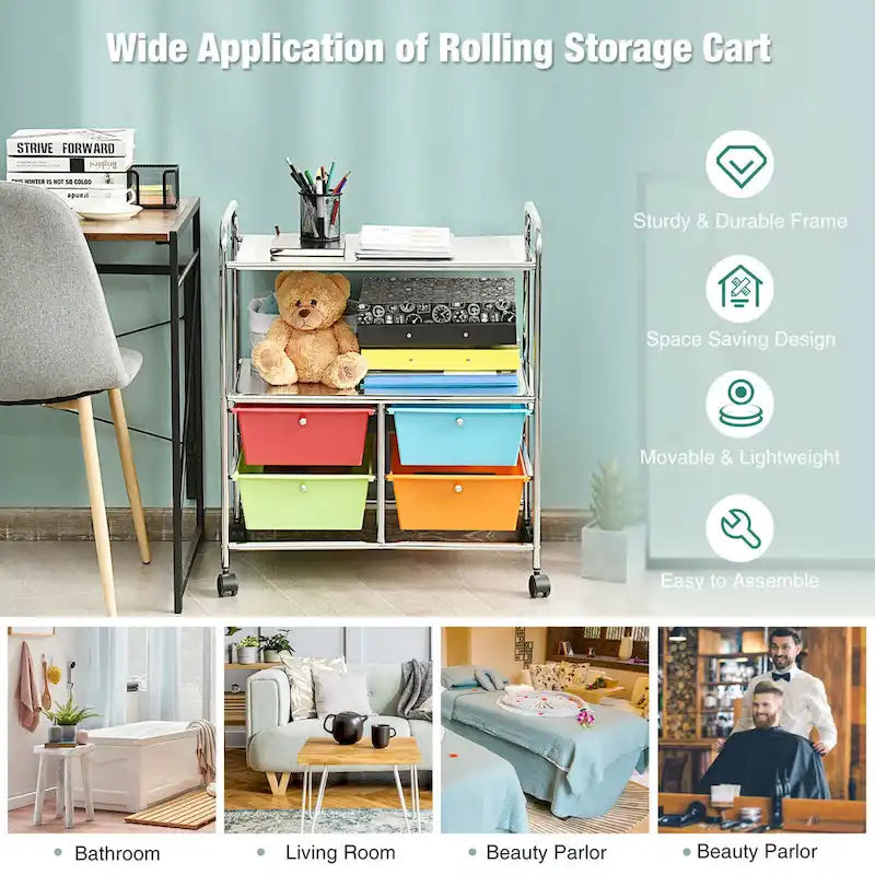 Chariot de rangement roulant à 4 tiroirs avec étagère métallique pour la maison et le bureau