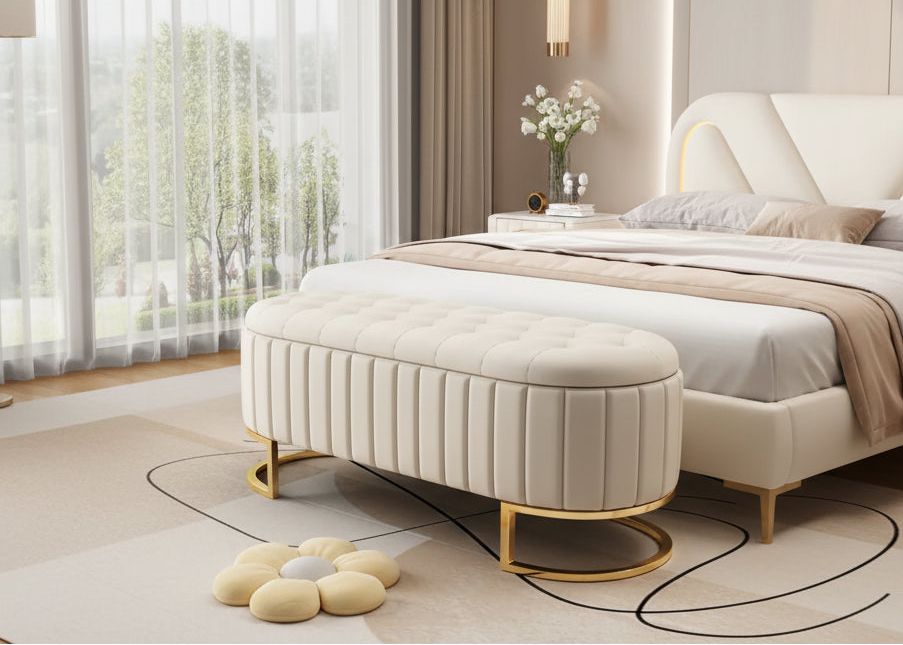 Roomfitters Elegant Velvet Storage Ottoman with Button-Tufted Design, Upholstered Bench with Metal Legs for Bedroom