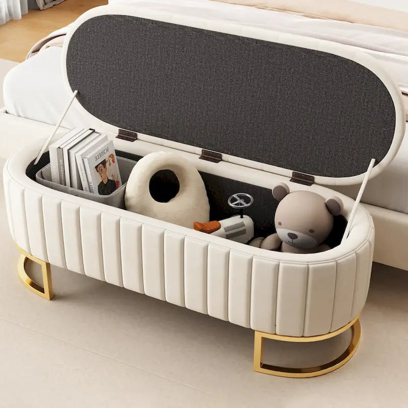 Banc de rangement élégant en velours capitonné, banquette rembourrée avec pieds en métal pour chambre à coucher