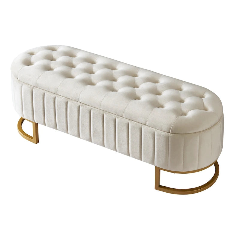 Banc de rangement élégant en velours capitonné, banquette rembourrée avec pieds en métal pour chambre à coucher