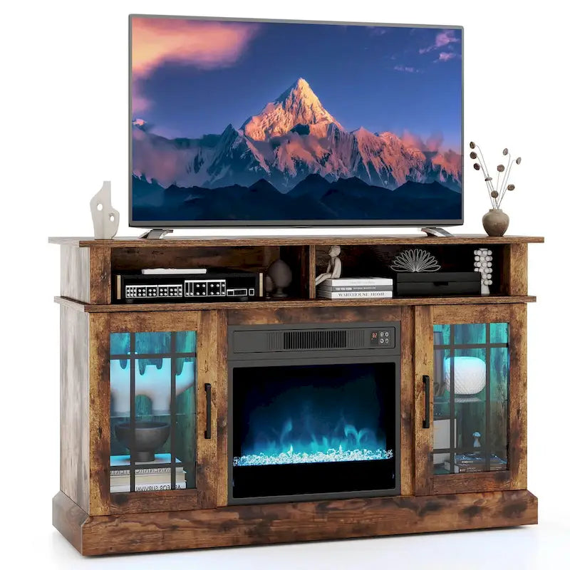 Meuble TV avec cheminée électrique, lumières LED et télécommandes