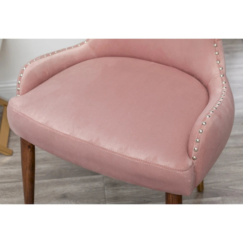 Fauteuil d'appoint rose moderne 23 en polyester, avec pieds en bois d'hévéa massif et clous décoratifs