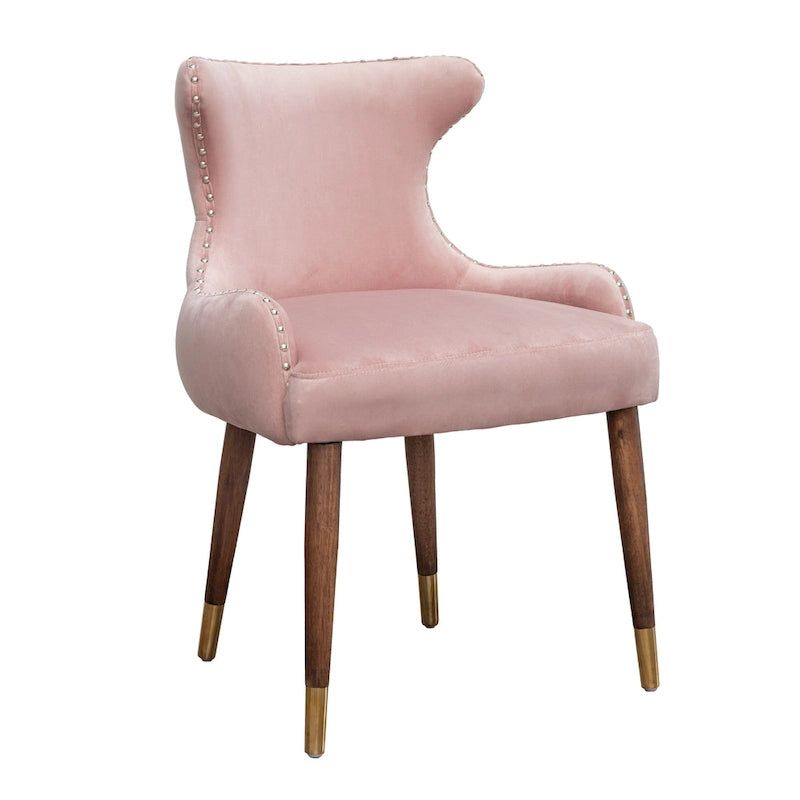 Fauteuil d'appoint rose moderne 23 en polyester, avec pieds en bois d'hévéa massif et clous décoratifs