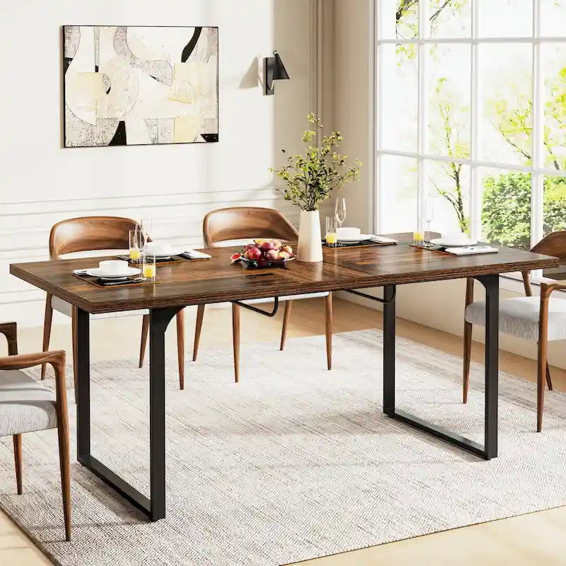 Table à manger extensible pour 6-8 personnes, table de salle à manger rectangulaire en bois avec cadre métallique